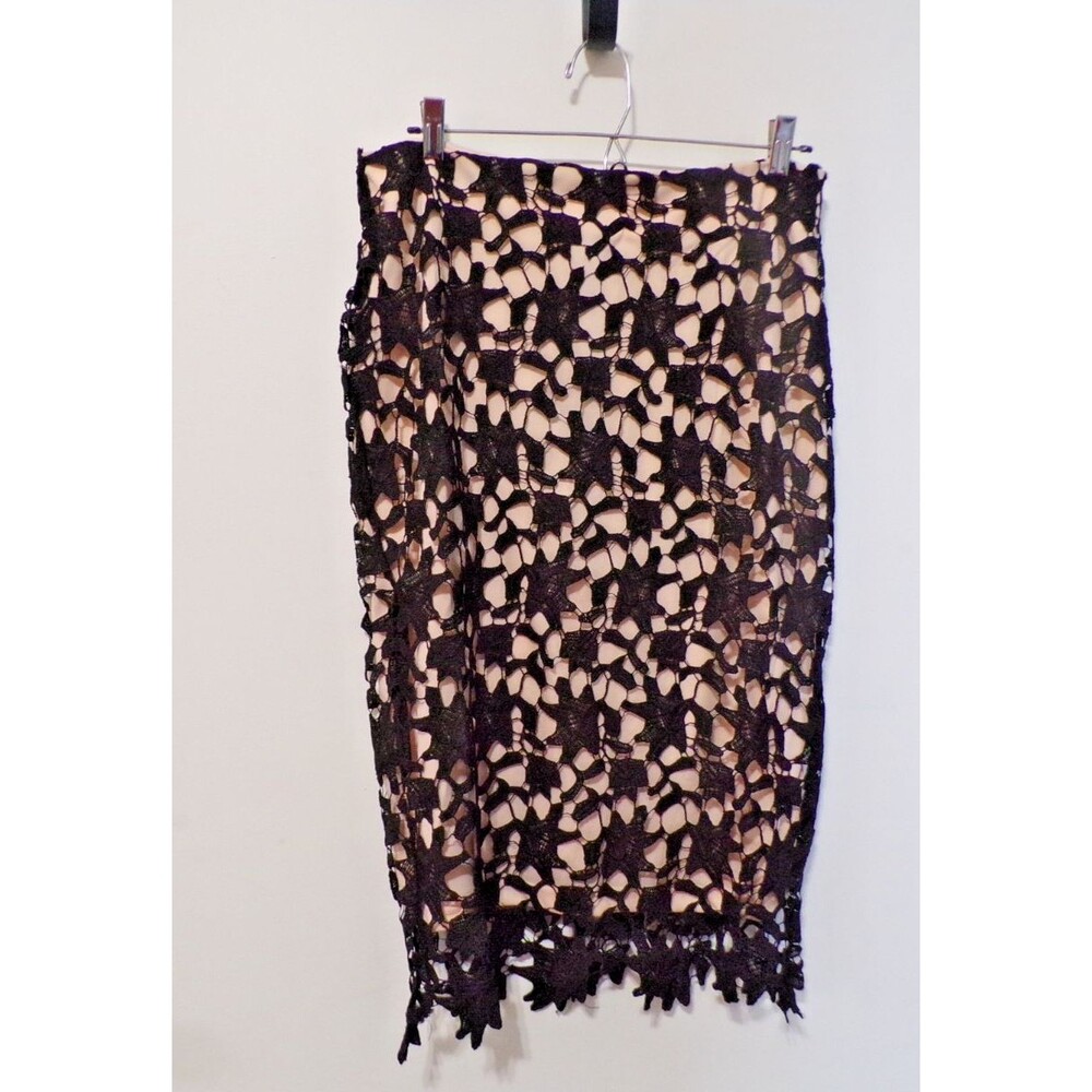 Elly Bazar Long Knited Lacy Overlay Skirt Lined Black & Tan Zipper Size Large